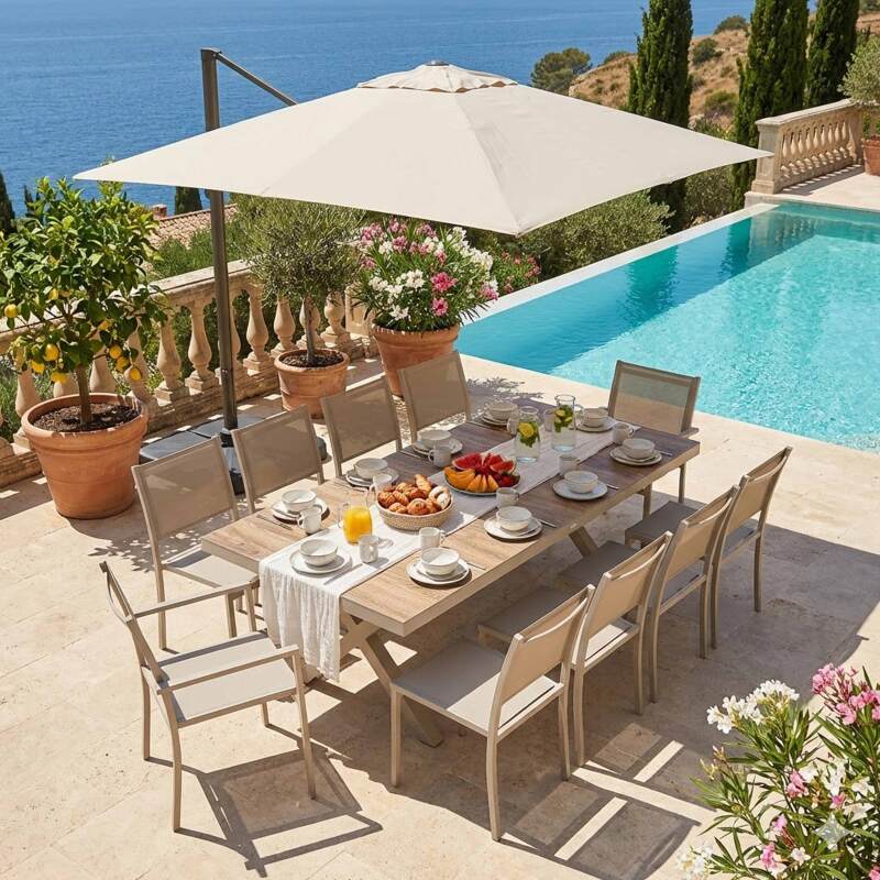 Tavolo da giardino in alluminio e ceramica effetto legno per 8 persone 201x100 cm (4/8)