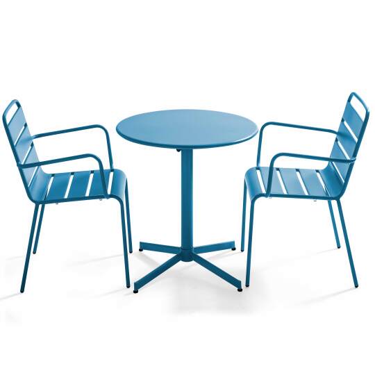 Tavolo da giardino bistrot rotondo inclinabile in metallo Ø70 cm e 2 sedie con braccioli | Oviala