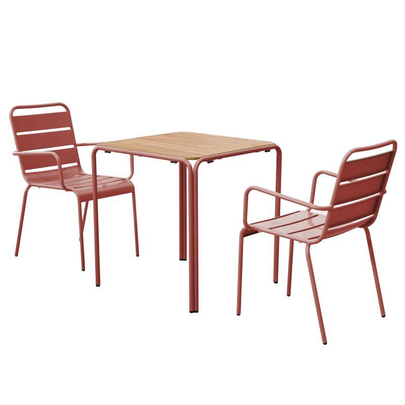 Tavolo da giardino bistrot quadrato in metallo e polywood 70x70 cm e 2 sedie con braccioli