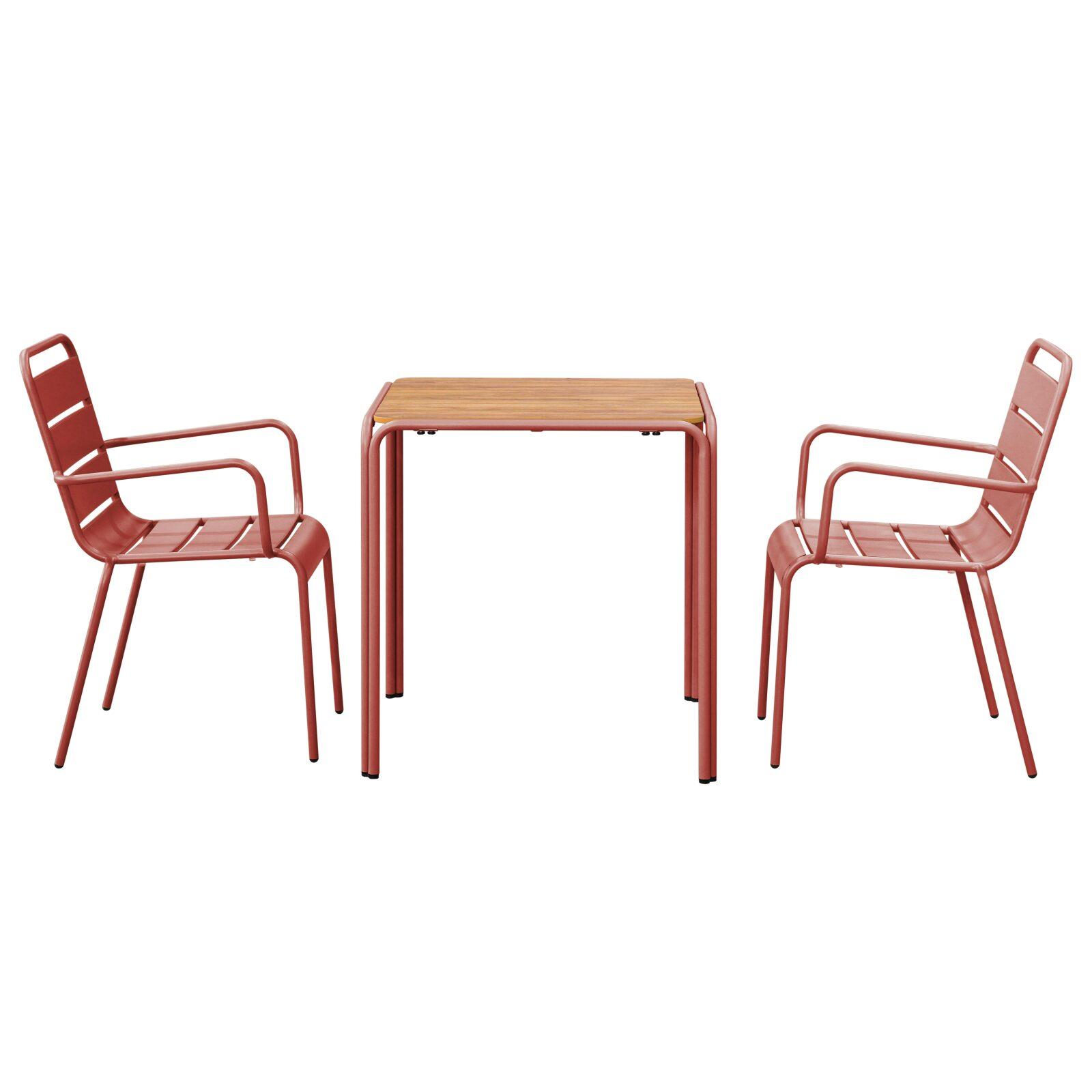 Tavolo da giardino bistrot quadrato in metallo e polywood 70x70 cm e 2 sedie con braccioli