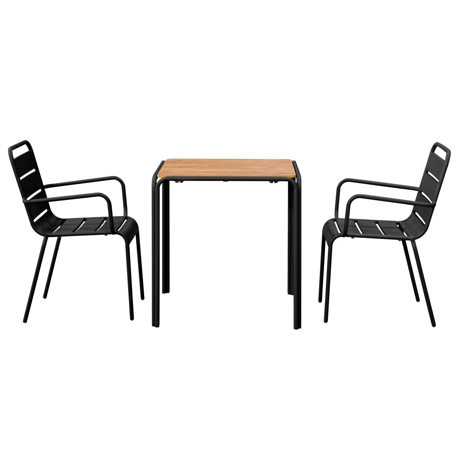 Tavolo da giardino bistrot quadrato in metallo e polywood 70x70 cm e 2 sedie con braccioli