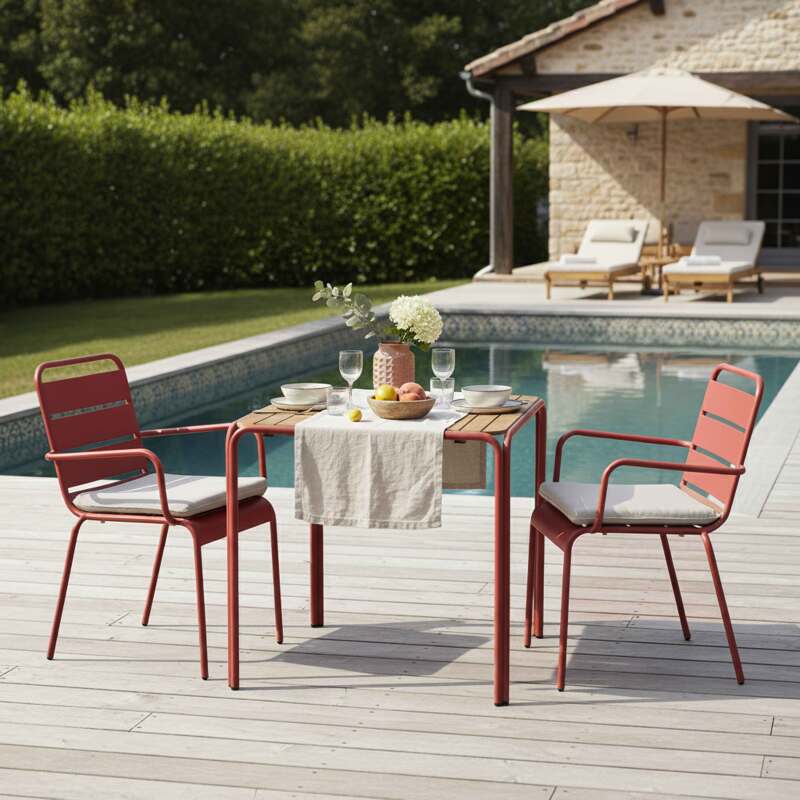 Tavolo da giardino bistrot quadrato in metallo e polywood 70x70 cm e 2 sedie con braccioli