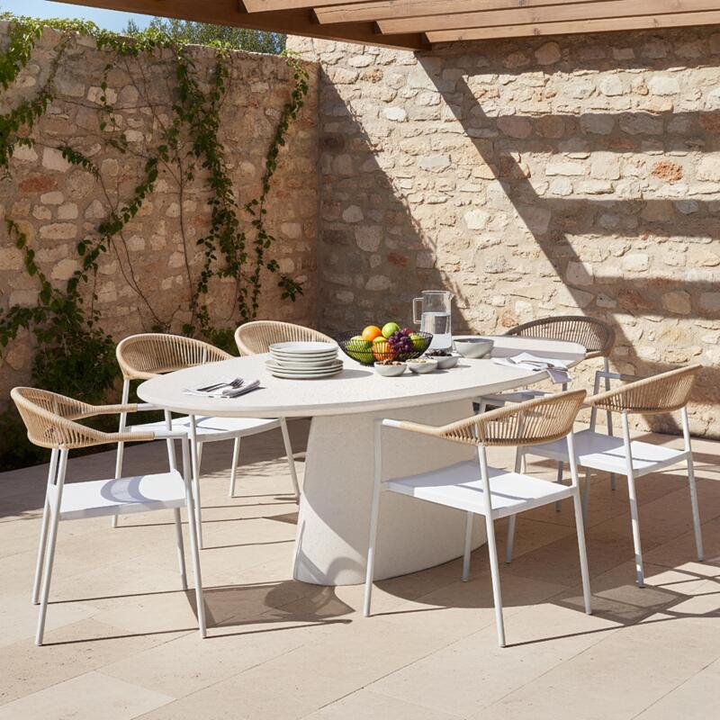 Tavolo da giardino ovale effetto cemento liscio 200x110 cm e 6 sedie impilabili in textilene - Lifestyle