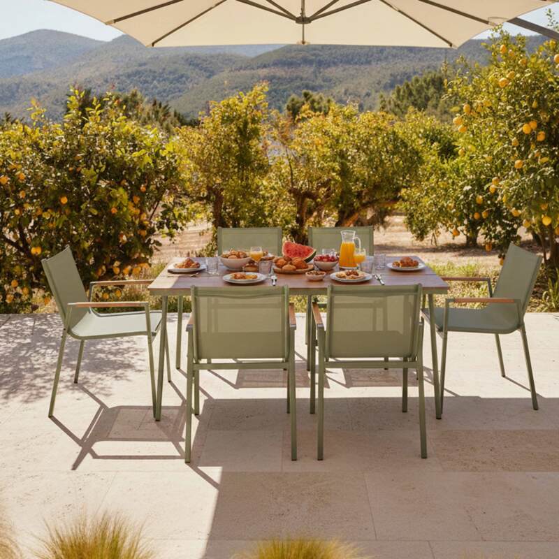 Tavolo da giardino in metallo e polywood 150x90 cm e 6 sedie