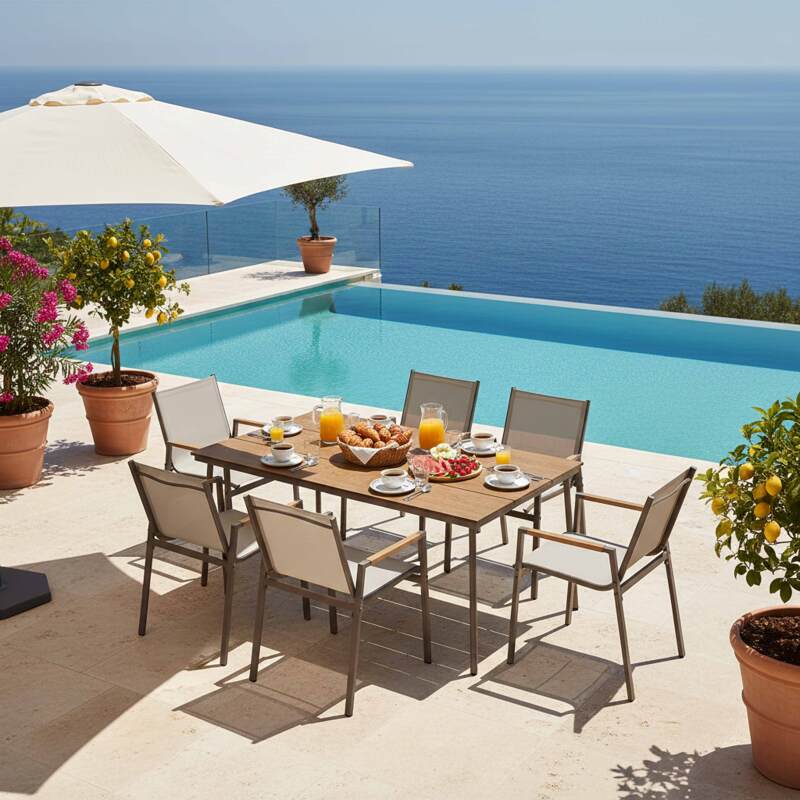 Tavolo da giardino in metallo e polywood 150x90 cm e 6 sedie