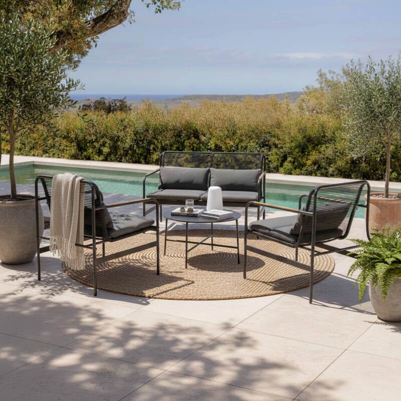 Mobile da giardino in metallo a 4 posti con 1 divano, 2 poltrone e tavolino