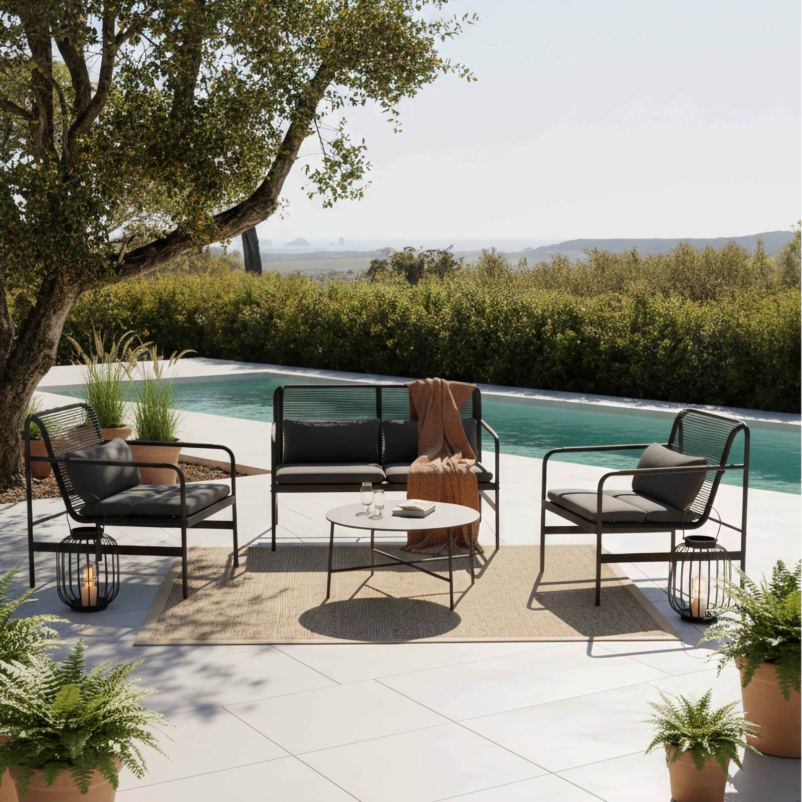 Mobile da giardino in metallo a 4 posti con 1 divano, 2 poltrone e tavolino