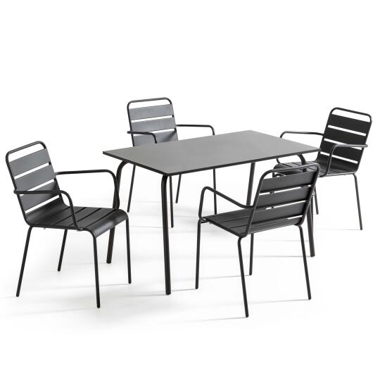 Tavolo da giardino rettangolare 120 x 70 cm e 4 sedie con braccioli in metallo