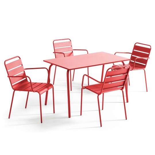 Tavolo da giardino in metallo 120x70 cm e 4 sedie con braccioli | Oviala