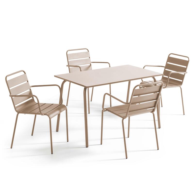 Tavolo da giardino rettangolare 120 x 70 cm e 4 sedie con braccioli in metallo
