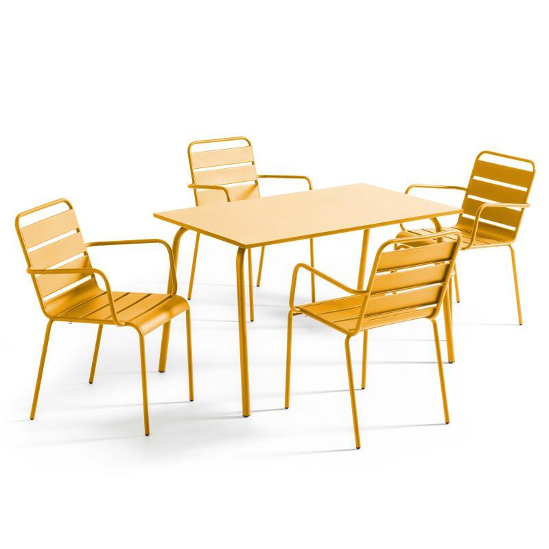 Tavolo da giardino rettangolare 120 x 70 cm e 4 sedie con braccioli in metallo