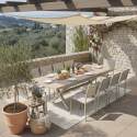 Tavolo da giardino allungabile in alluminio e ceramica effetto legno 200/260x100 cm e 10 sedie in textilene