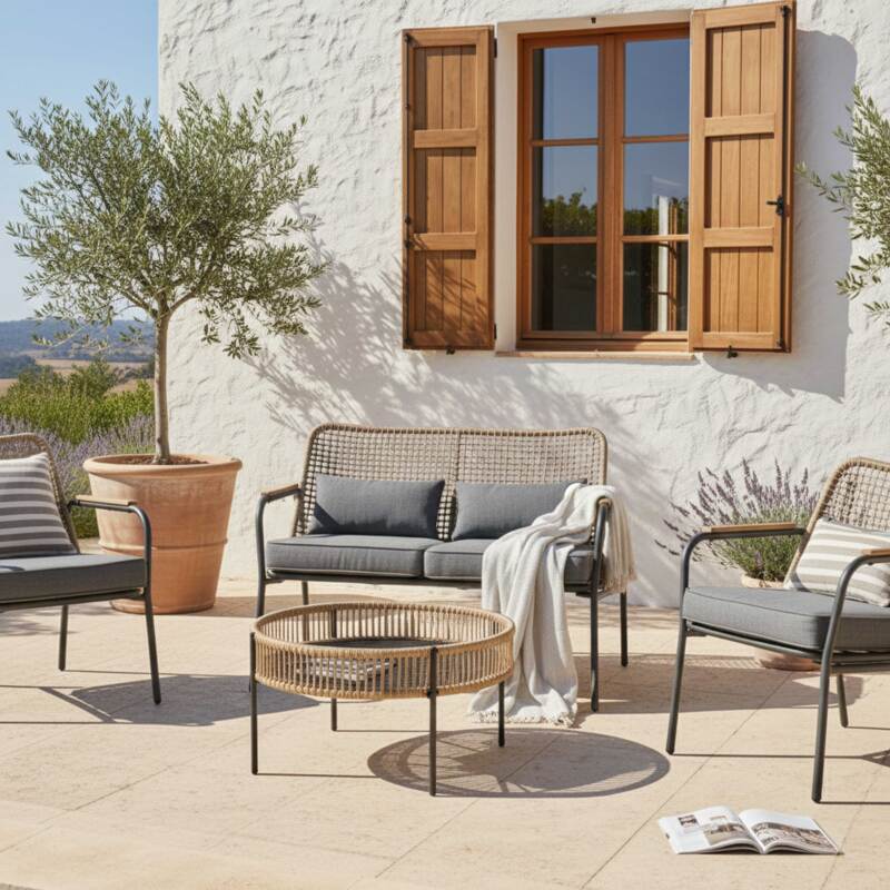 Mobile da giardino in rattan a 4 posti con divano, 2 poltrone e tavolino (2/9)