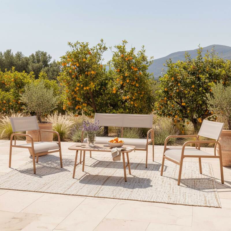 Salotto da giardino in metallo e textilene a 4 posti con 1 divano, 2 poltrone e tavolino