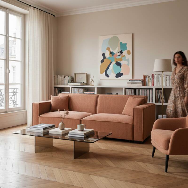 Divano 3 posti in velluto a coste con cuscini