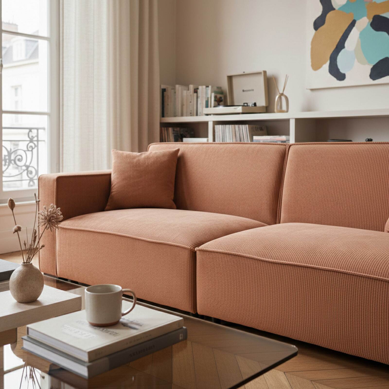 Divano 3 posti in velluto a coste con cuscini