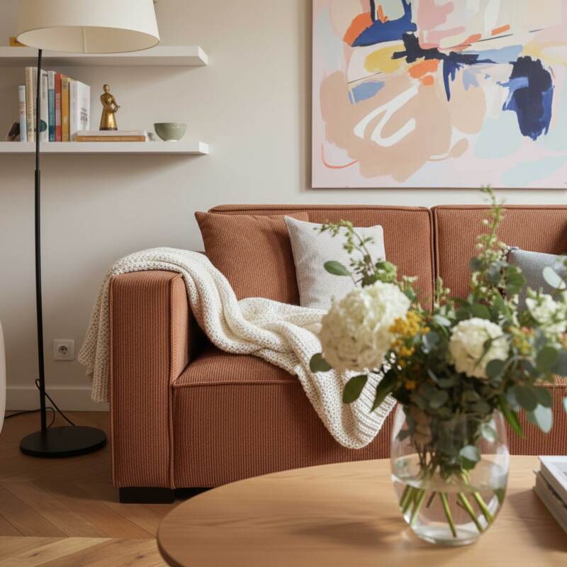 Divano 2 posti in velluto a coste con cuscini