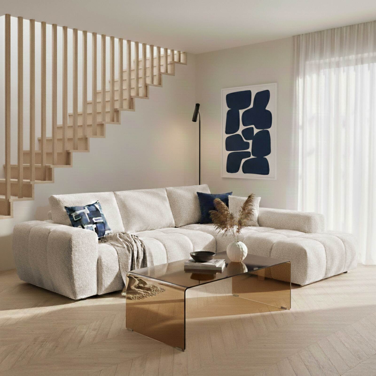 Divano angolare 3 posti in tessutocon chaise longue destra e cuscini