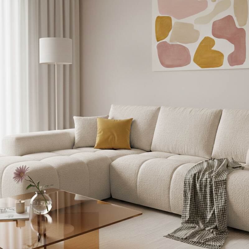 Divano angolare 3 posti in tessuto con chaise longue sinistra e cuscini (2/9)