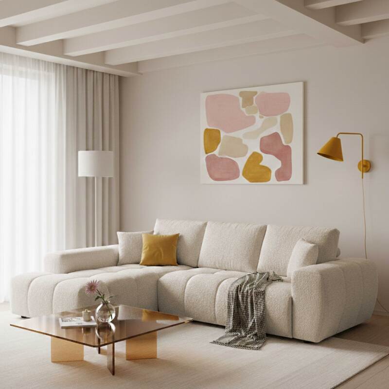 Divano angolare 3 posti in tessuto con chaise longue sinistra e cuscini