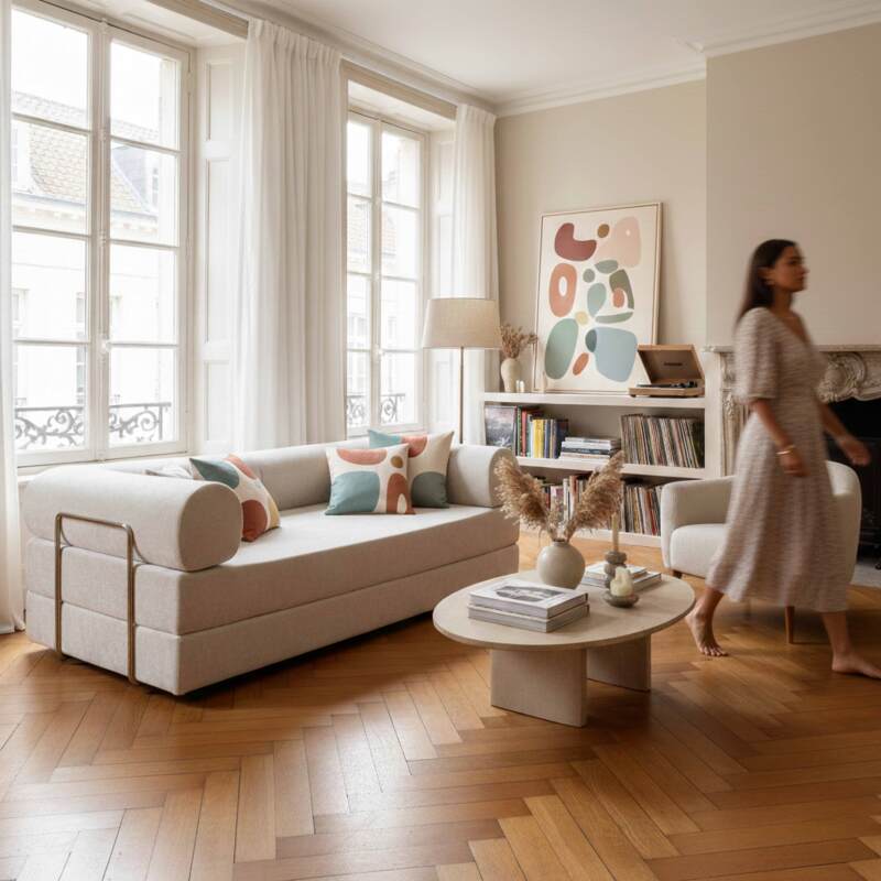 Divano letto 2 posti in tessuto con cuscini (6/8)