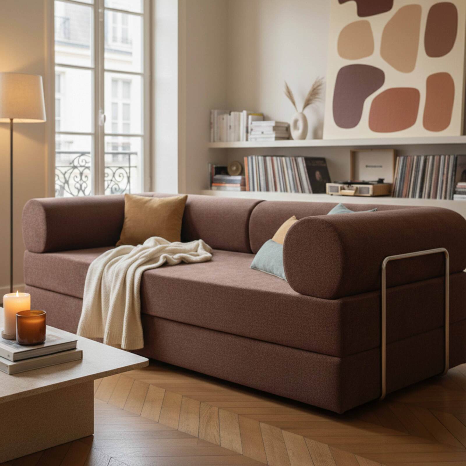 Divano letto 2 posti in tessuto con cuscini