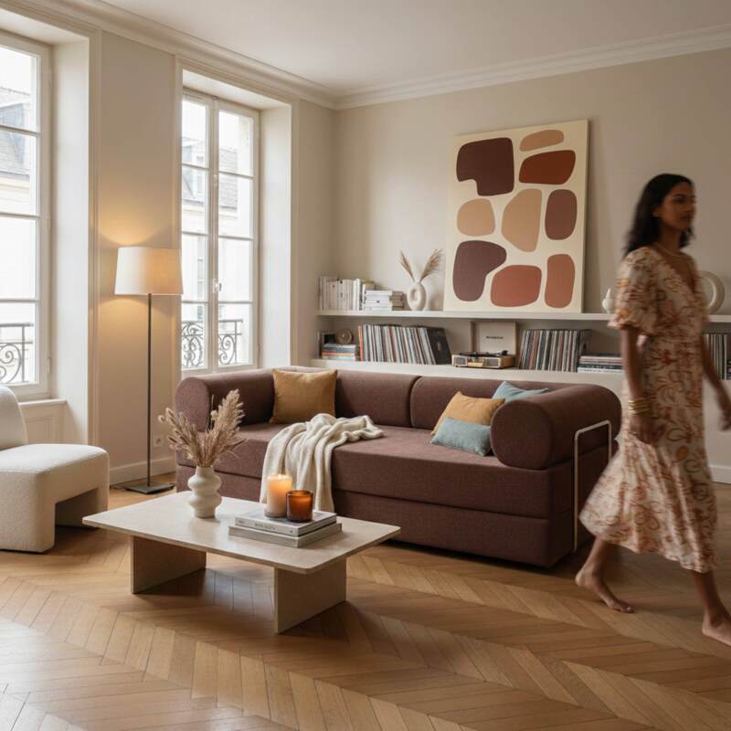 Divano letto 2 posti in tessuto con cuscini