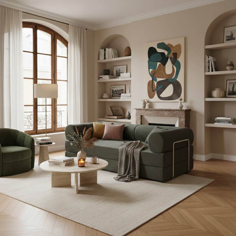 Divano letto 2 posti in tessuto con cuscini (6/8)