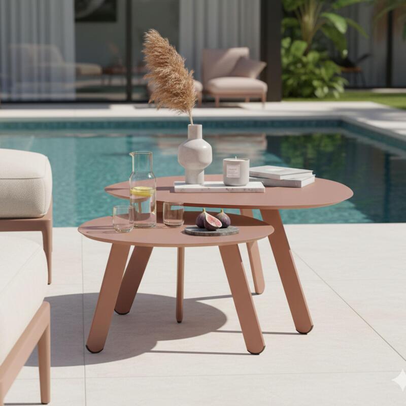 Tavolini piccoli impilabili da esterno rotondi in metallo Ø68x40 cm e Ø55x36 cm - Per 2