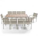 Tavolo da giardino in alluminio e ceramica effetto legno 206x100 cm e 10 sedie in textilene