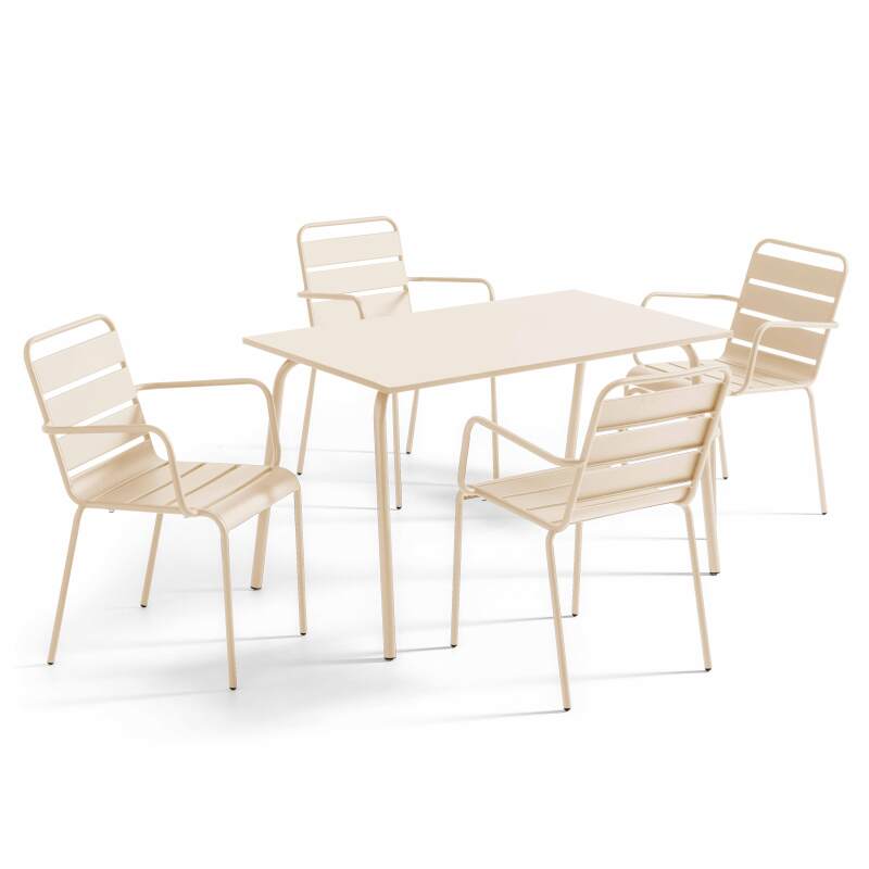 Tavolo da giardino rettangolare 120 x 70 cm e 4 sedie con braccioli in metallo