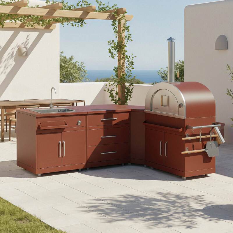 Cucina da esterno in metallo ad angolo con lavatoio da esterno, forno a legna e spazio - 4 moduli