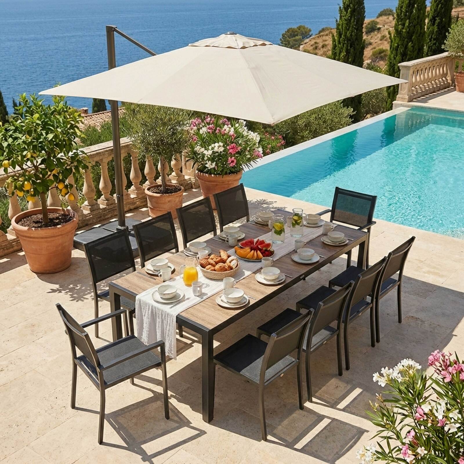 Tavolo da giardino in alluminio e ceramica effetto legno 206x100 cm e 10 sedie in textilene