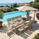 Tavolo da giardino in alluminio e ceramica effetto legno 206x100 cm e 10 sedie in textilene
