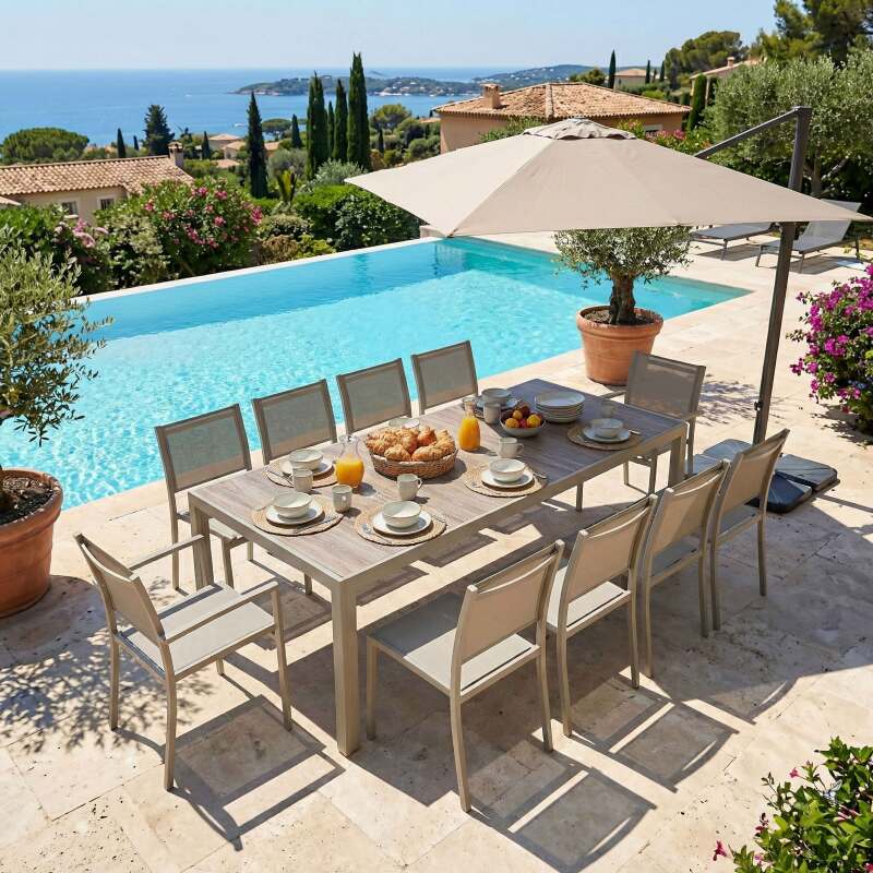 Tavolo da giardino in alluminio e ceramica effetto legno 206x100 cm e 10 sedie in textilene