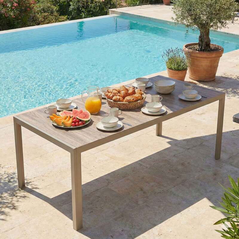 Tavolo da giardino in alluminio e ceramica effetto legno per 8 persone 206x100 cm