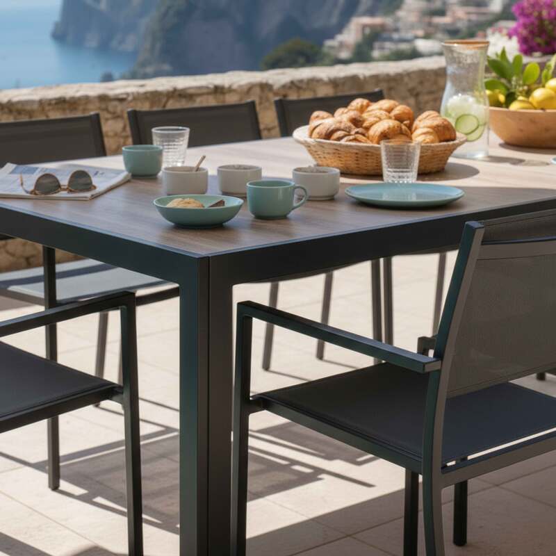 Tavolo da giardino in alluminio e ceramica effetto legno 206x100 cm e 8 sedie in textilene (6/8)