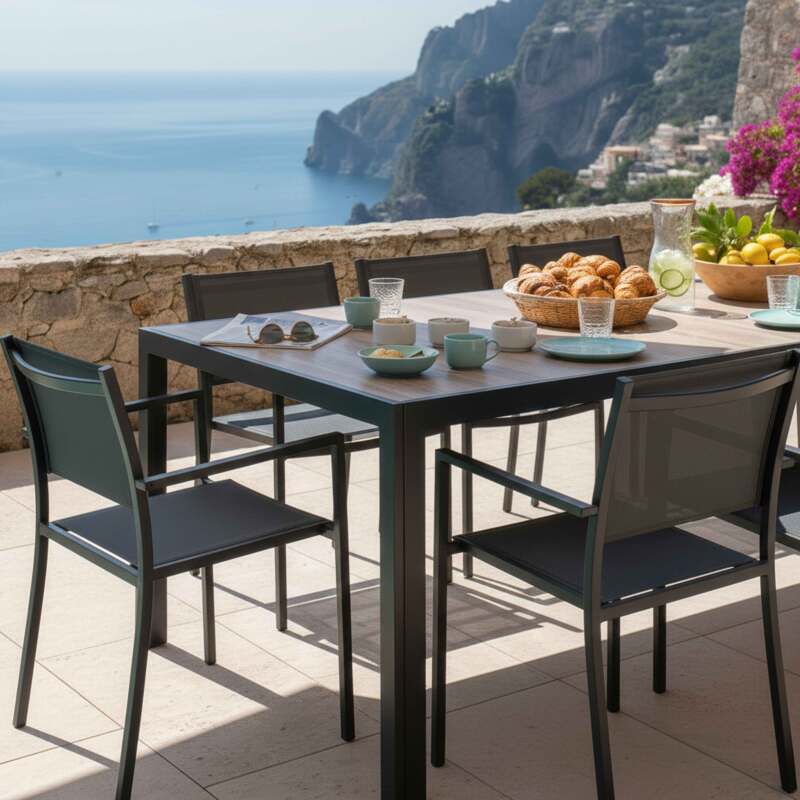 Tavolo da giardino in alluminio e ceramica effetto legno 206x100 cm e 8 sedie in textilene (4/8)