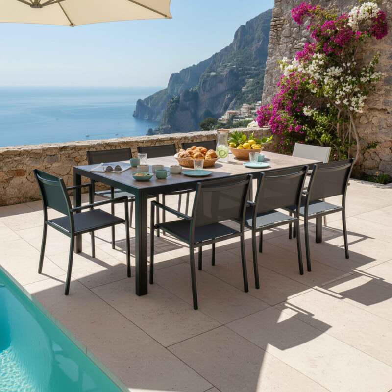 Tavolo da giardino in alluminio e ceramica effetto legno 206x100 cm e 8 sedie in textilene - Lifestyle
