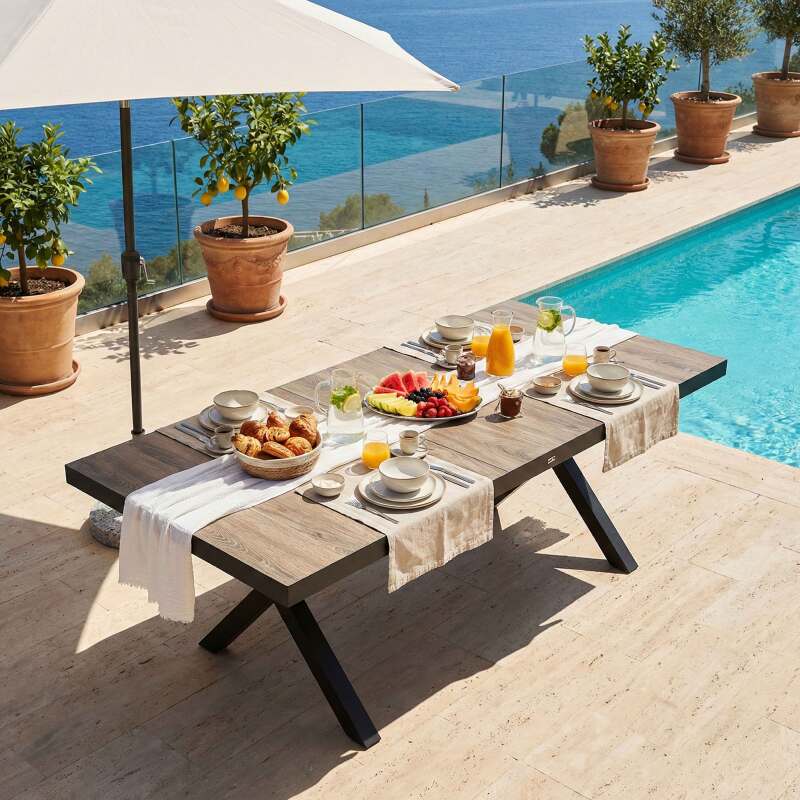 Tavolo da giardino in alluminio e ceramica effetto legno per 8 persone 201x100 cm