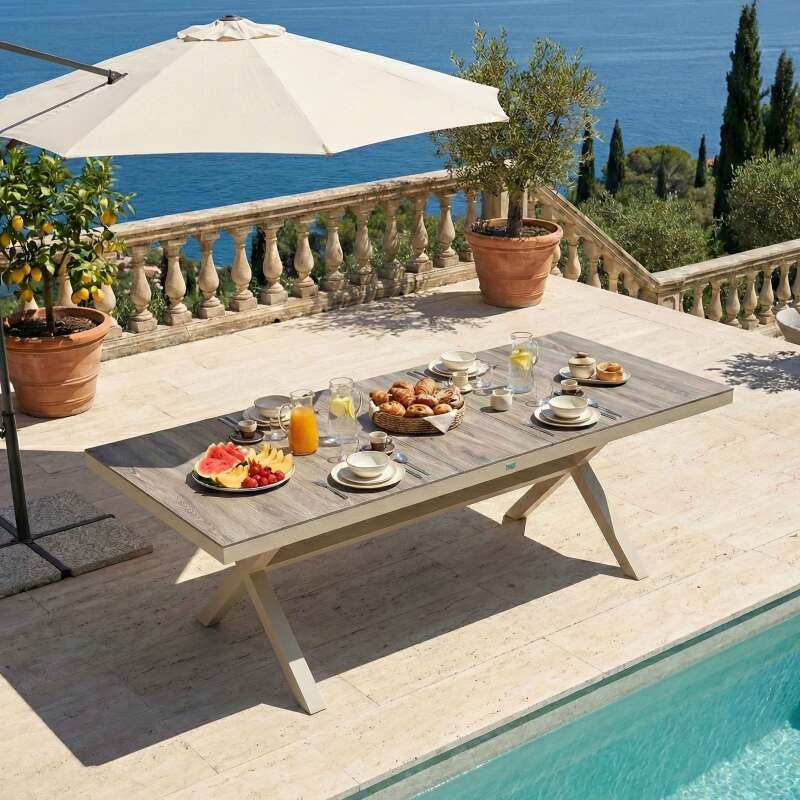 Tavolo da giardino in alluminio e ceramica effetto legno per 8 persone 201x100 cm