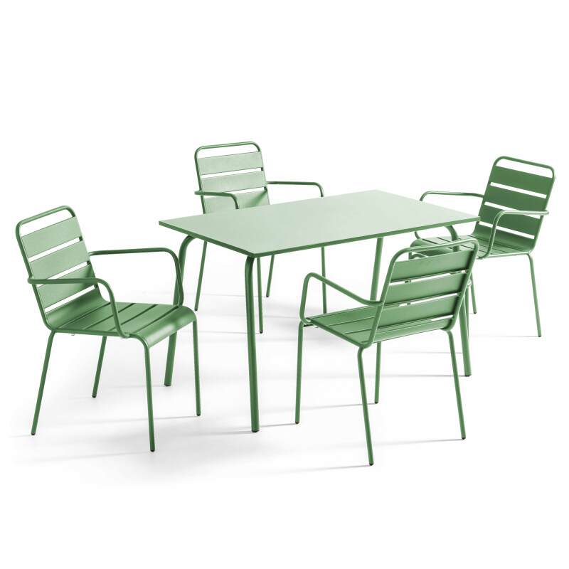 Tavolo da giardino rettangolare 120 x 70 cm e 4 sedie con braccioli in metallo