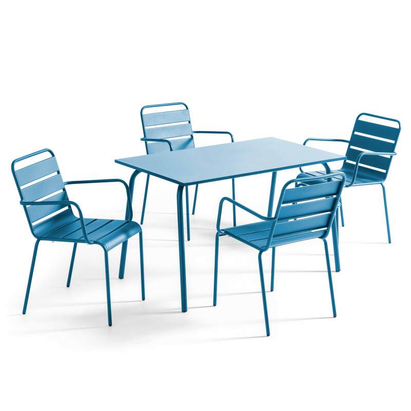 Tavolo da giardino rettangolare 120 x 70 cm e 4 sedie con braccioli in metallo