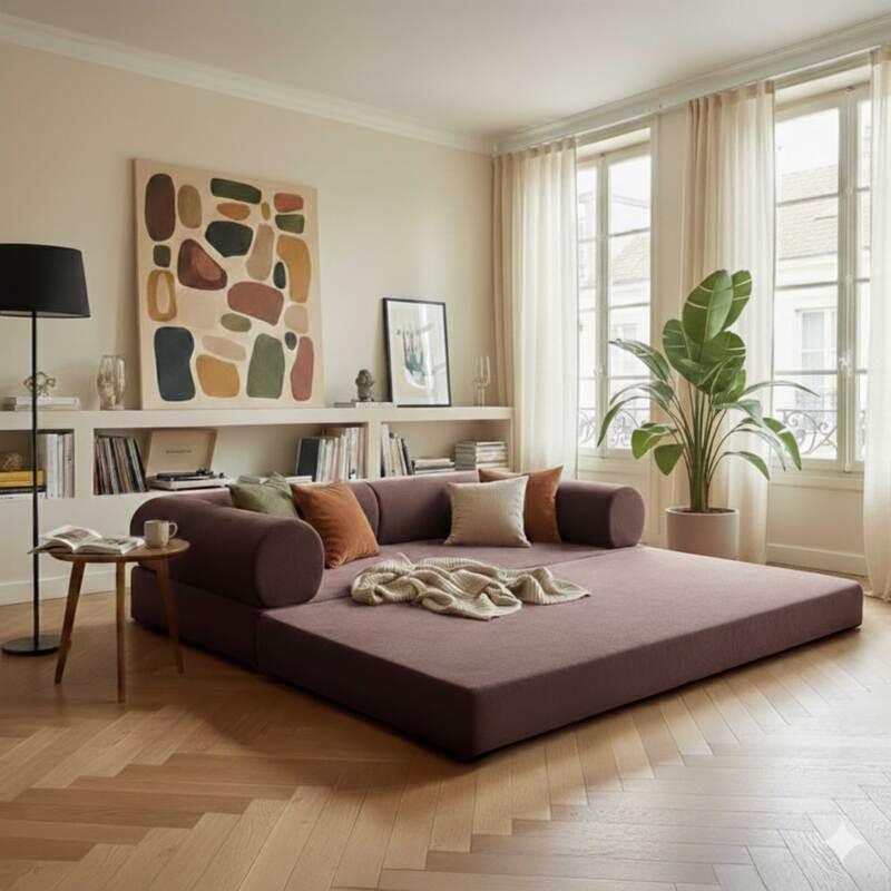 Divano letto 2 posti in tessuto con cuscini modulari (4/8)