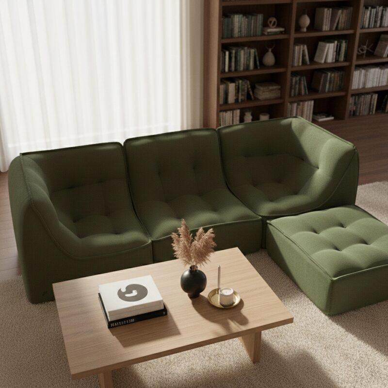 Divano modulare 3 posti in tessuto a coste con pouf (5/7)