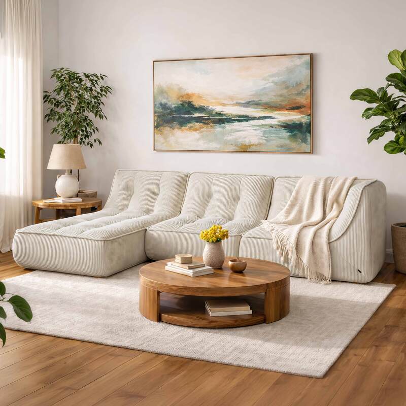 Divano modulare 3 posti in tessuto a coste con chaise longue