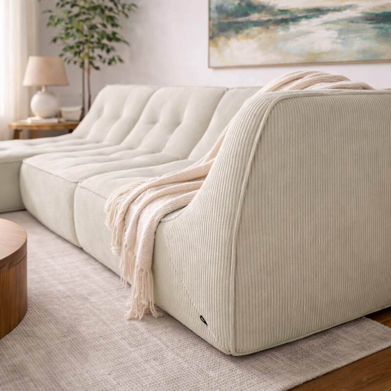 Divano modulare 3 posti in tessuto a coste con chaise longue (2/7)