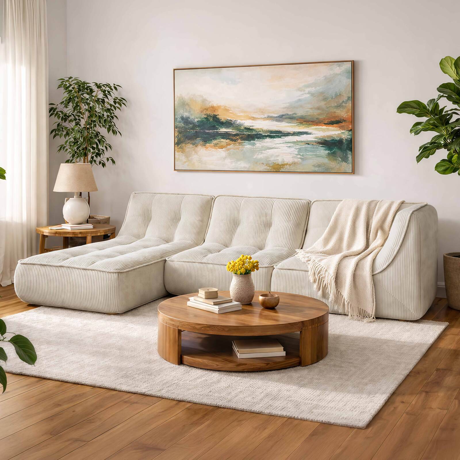 Divano modulare 3 posti in tessuto a coste con chaise longue