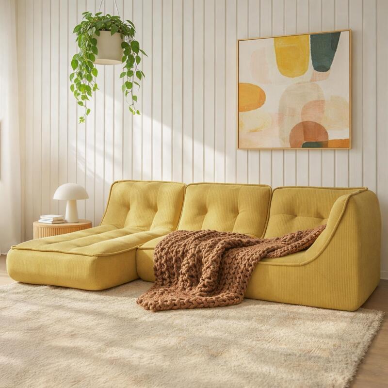 Divano modulare 3 posti in tessuto a coste con chaise longue