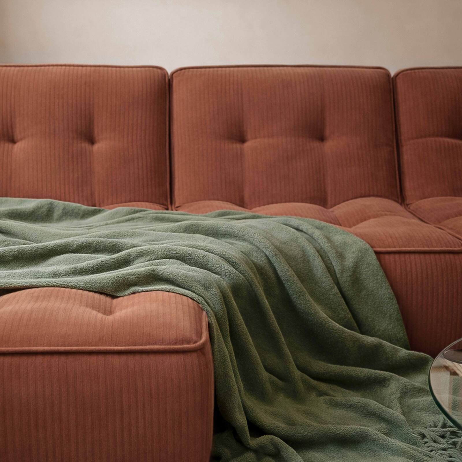 Divano modulare 3 posti in tessuto a coste con chaise longue